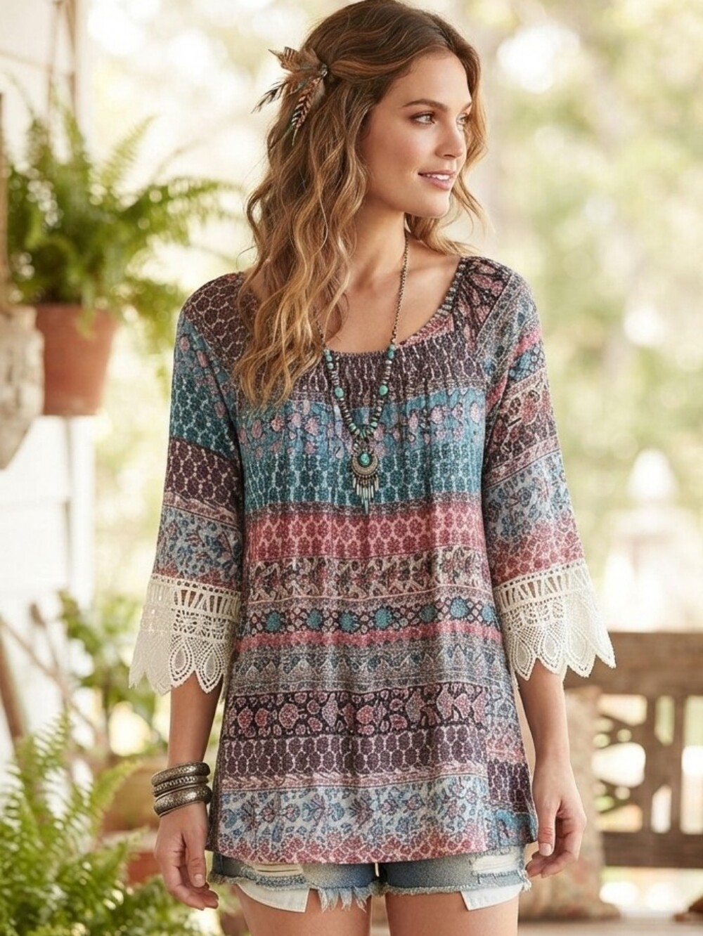 West Loop Women's Floral Lace Sleeve Tunic Size Medium